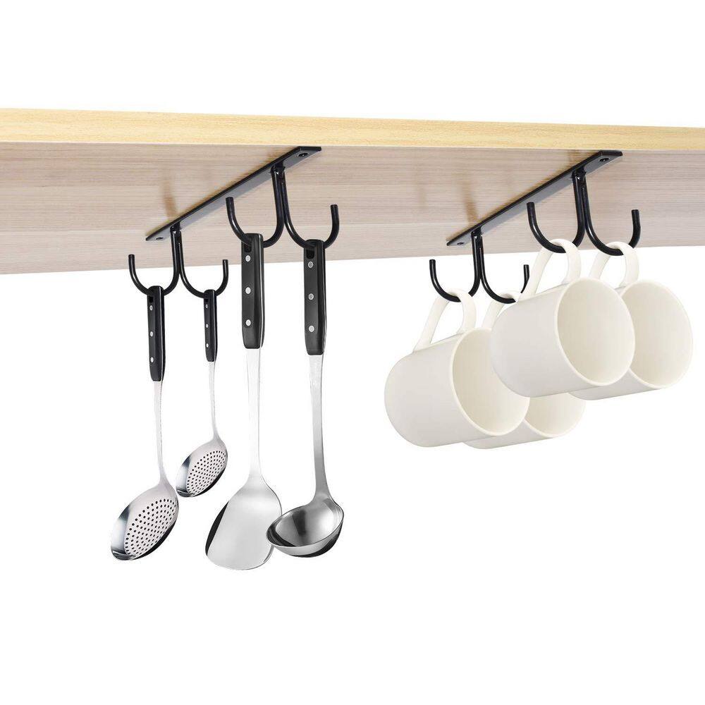 8 Hooks Black Mug Hook with Under Cabinet, Cup Holder for Mugs, Coffee Cups and Kitchen Utensils Display, (2-Pack)