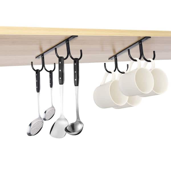 8 Hooks Black Mug Hook with Under Cabinet, Cup Holder for Mugs, Coffee Cups and Kitchen Utensils Display, (2-Pack)