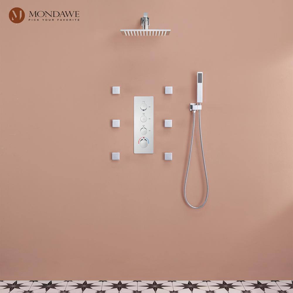 12 Inch Chrome LED Wall Mounted Rain Shower System with Handheld and Body Jets