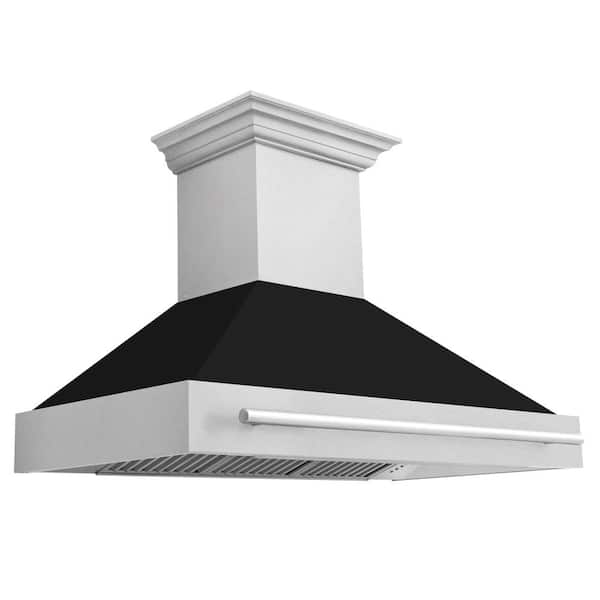 ZLINE Kitchen and Bath 48 in. Satin Stainless Steel Wall Mount Range Hood with Black Matte Shell and Stainless Steel Handle