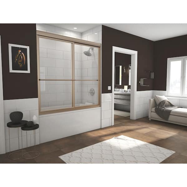 Coastal Shower Doors Newport 56 in. to 57.625 in. x 58 in. Framed Sliding Bathtub Door with Towel Bar in Brushed Nickel with Clear Glass