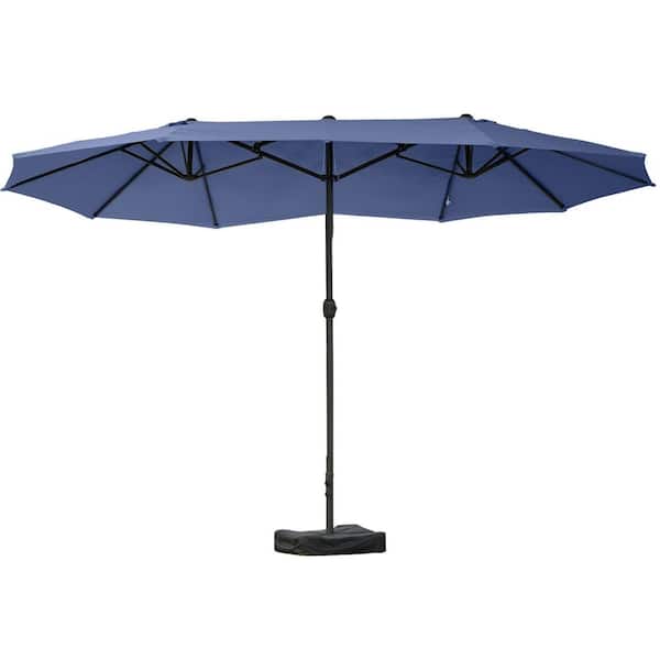 Zeus & Ruta 15 ft. x 9 ft. Rectangular Market Umbrella with base, Sun Protection and Easy Crank in Dark Blue