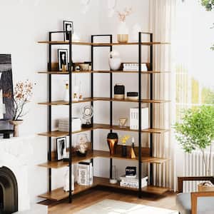 Brown 74.8 in. in. H x 43.3 in. in. W 6-Tier L-Shaped Corner Bookcase with Metal Frame and Adjustable Foot Pads