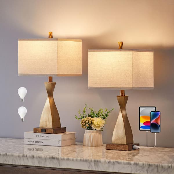 22 in. Spiral Gold Touch Control Table Lamp Set with LED Bulbs, USB Ports and AC Outlets (Set of 2)