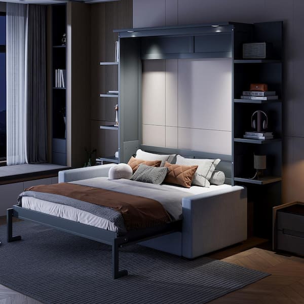 Gray Wood Frame Queen Murphy Bed Wall Bed with Sofa and Storage Shelves