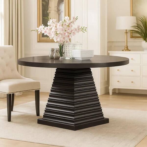 Benjara Pex Espresso Brown Wood 54 in. Pedestal Base Dining Table ...
