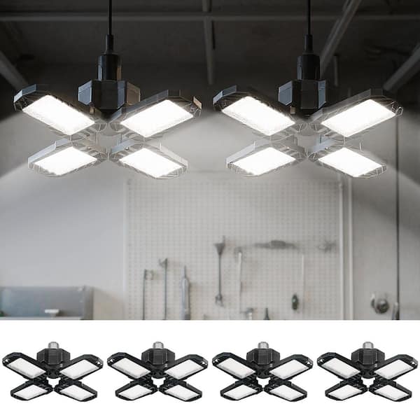 4-Pack LED Garage Light 4-Leaf 60W Equivalent, 6500K Daylight Deformable Fixture with E26 Base, Adjustable Panels