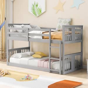 Gray Twin Over Twin. Wood Low Bunk Bed with Ladder