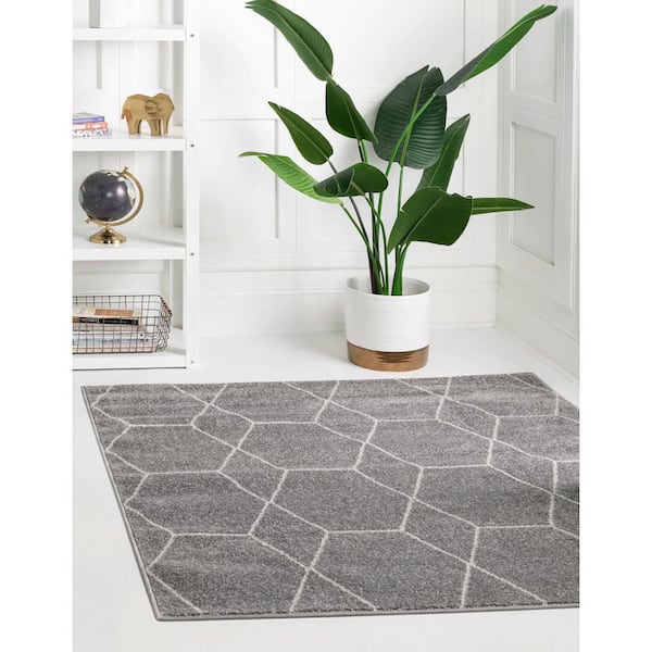 Trellis Frieze Collection Area Rug - Geometric (7 ft. 1 in. Square Light Gray/Ivory)