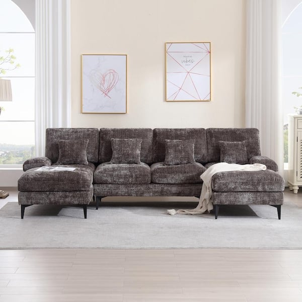 113 in. Flare Arm Chenille Gray U-Shaped Sectional Sofa with Foam Cushion Lounge Chaise and Pillow Living Room Set