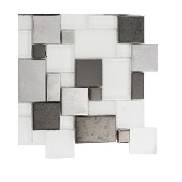 Splashback Tile Tetris Steel Ice Parisian Pattern Glass Mosaic Floor and Wall Tile - 3 in. x 6 in. x 8 mm Tile Sample