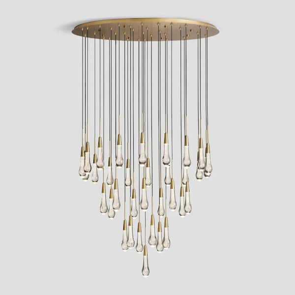 Modern Chandelier 36 in. 34-Light Embedded-LED Gold Chandelier for Staircase, Foyer, Living Room, Crystal Chandelier