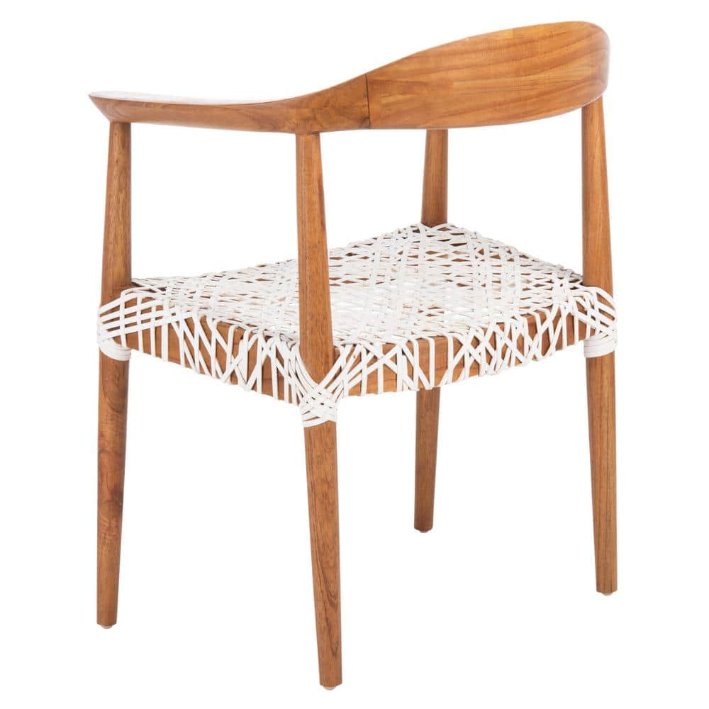 Natural Mindi Wood and White Leather Woven Accent Chair