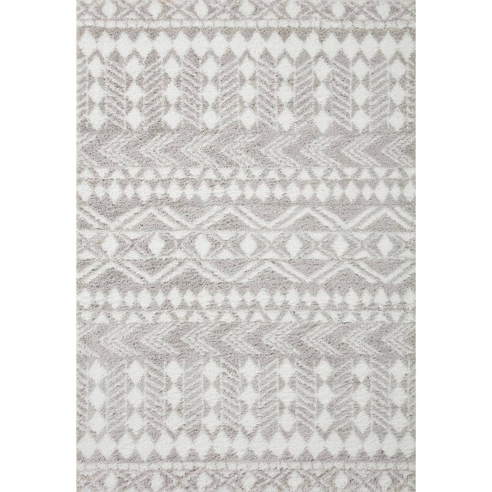 Bliss Gray and White Geometric Shag Area Rug 5'-3" x 7'-6"