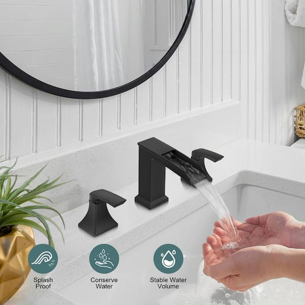 Waterfall 8 in. Widespread Double-Handle Black Bathroom Faucet Set 3-Holes Vanity Sink with Metal Drain in Matte Black