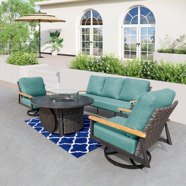 HiGreen Outdoor Manbo 4-Piece Wicker Patio Fire Pit Seating Set with Acrylic Cast Breeze Cushions and Round Fire Pit Table