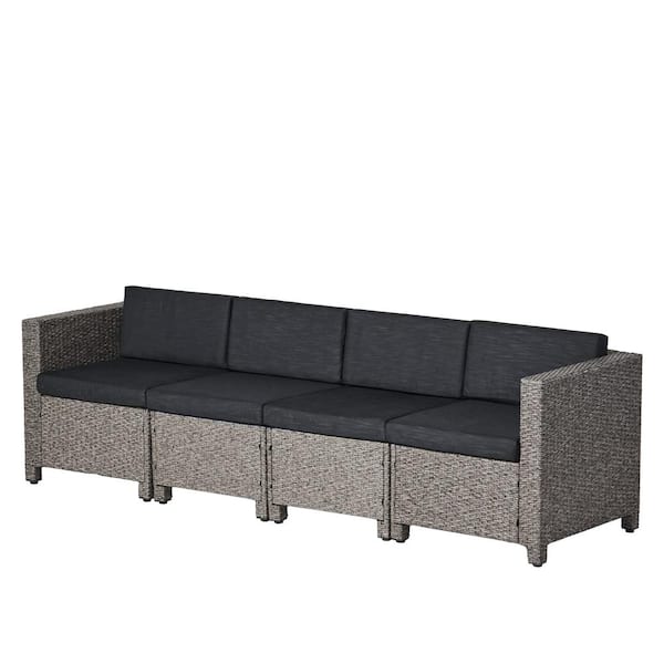 Noble House Pueblo Mixed Black 4-Piece Wicker Outdoor Patio Couch with Dark Gray Cushions