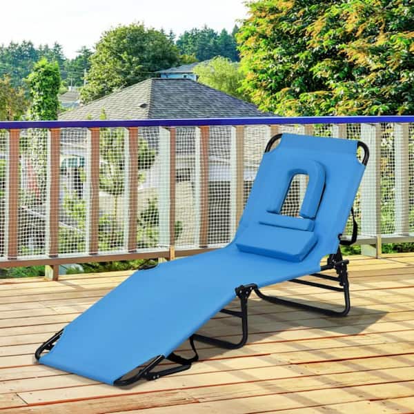 3 Position Adjustable Outdoor Folding Chaise Lounge Chair in Blue with Face Hole, Hand Rope and Detachable Pillow