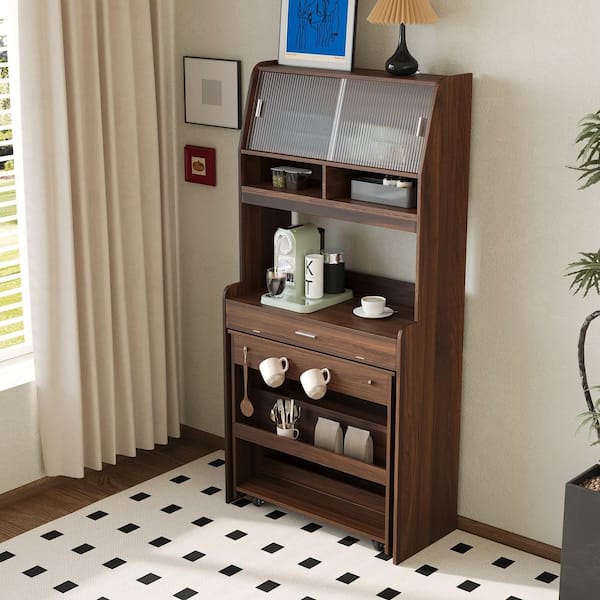 Walnut Wood 66.1 in. Buffet with Hutch and Foldable Dining Table, Storage Shelf and Side Hooks