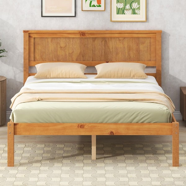 Qualler Oak Brown Wood Frame Full Size Platform Bed with Slats