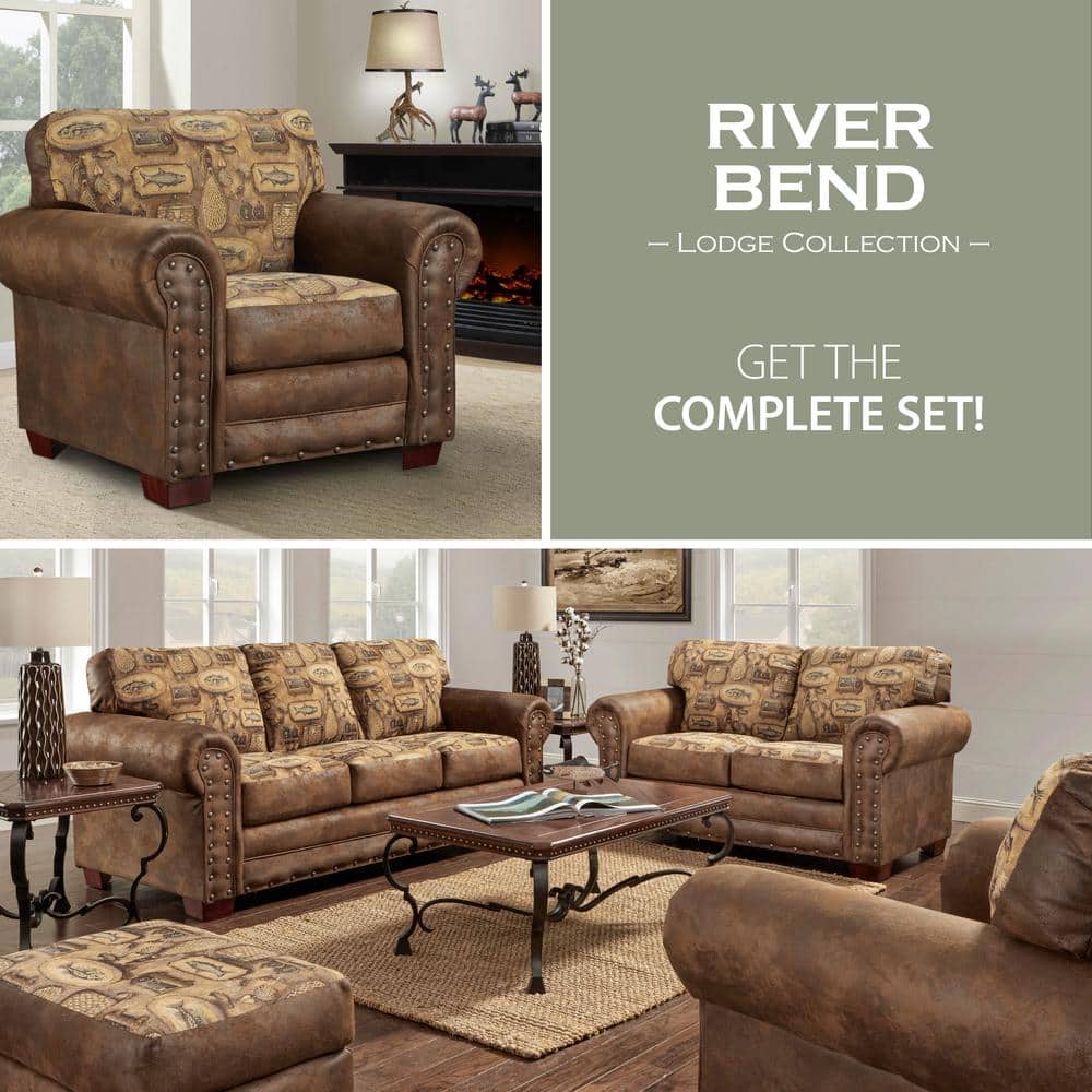 River Bend Lodge Oak Wood Accent Chair in Brown Microfiber