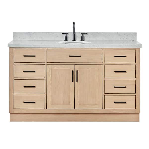 Hepburn 60 in. Single Sink Freestanding Bathroom Vanity in Oak with Carrara White Marble Top