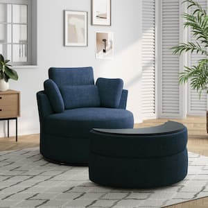 Navy Blue Chenille Upholstered Swivel Accent Barrel Chair with Storage Ottoman and Pillows (Set of 1)