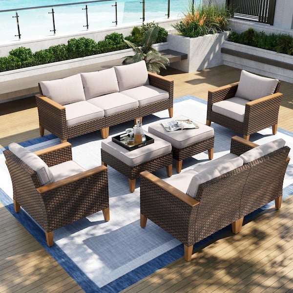 PHI VILLA Brown Wicker Rattan 9 Seat 9-Piece Steel Patio Outdoor Sectional Set with Beige Cushions and 2 Ottomans