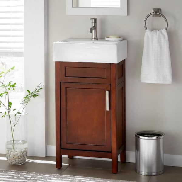 Home Decorators Collection Arvesen 18 in. W x 12 in. D x 34 in. H Single Sink Bath Vanity in Tobacco with White Ceramic Top