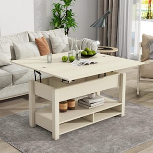 Multi-Functional Rustic Ivory Lift Top Coffee Table with Open Shelves, Dining Table for Living Room, Home Office