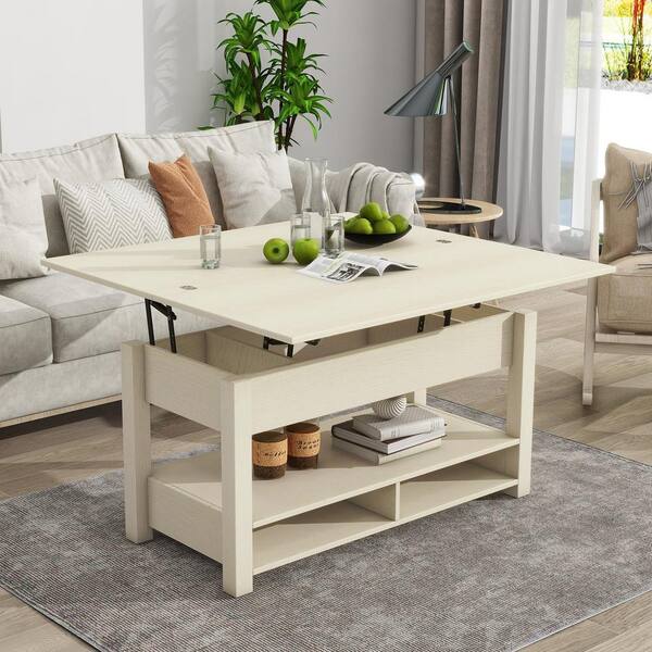 Zeus & Ruta Multi-Functional Rustic Ivory Lift Top Coffee Table with Open Shelves, Dining Table for Living Room, Home Office
