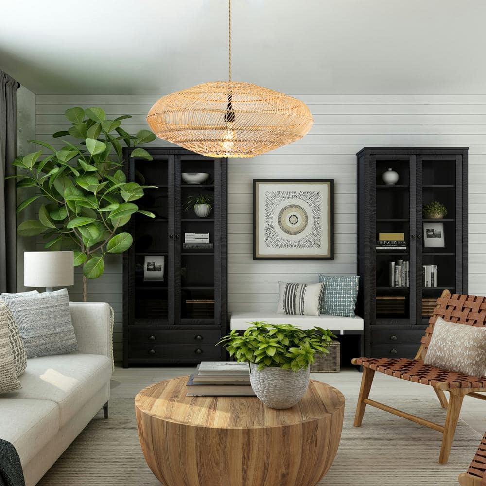 Boho Island-Inspired 23.6" Handmade Rattan Metal Frame Pendant Light