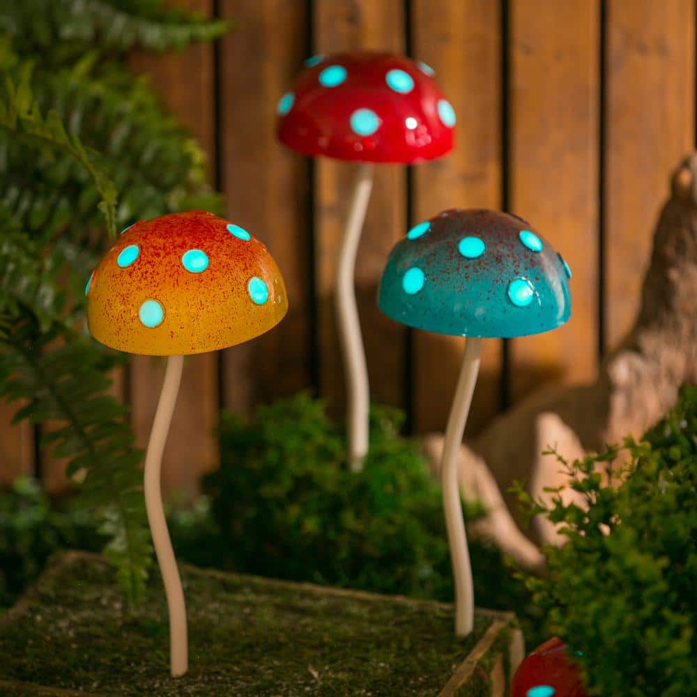 Blue Glow in the Dark Mushroom Garden Stake with White Polka Dots
