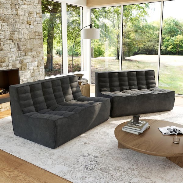 Magic Home Set of 2-Loveseat Armless 55.1 in. 2-Piece Linen Modular Sectional Sofa 2-Seater Fireside Lazy Floor Sofa Couch in Black