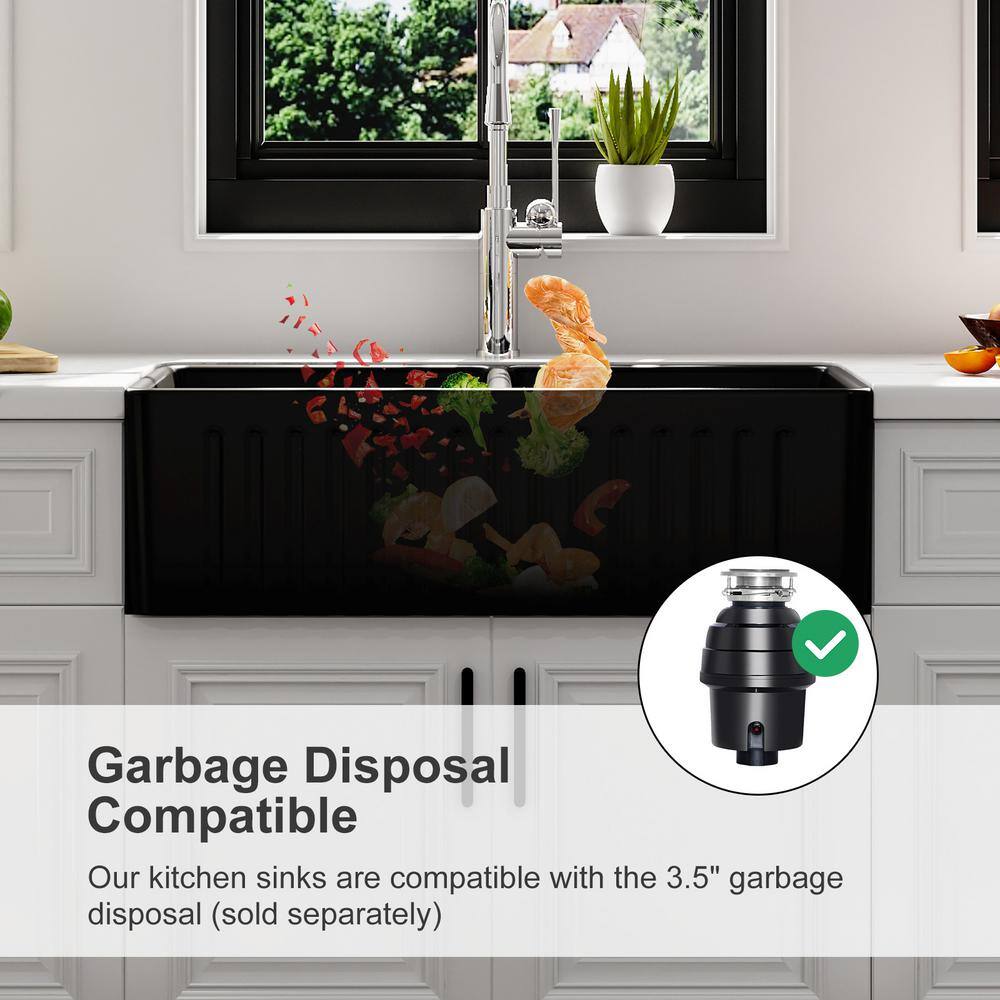 Matte Black Double Basin Fireclay Farmhouse Sink with Drainboard