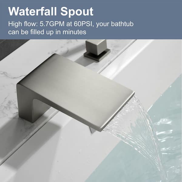 SUS 304 Stainless Steel Wall Mounted Tub Faucet – Two Spout, Single Handle, Brushed Nickel, 5.9\" Hole Center, With Diverter For Shower & Tub