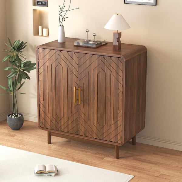 Dean Walnut Finish Wood Buffet Sideboard Cabinet with Adjustable Shelves, Carved Door Panels