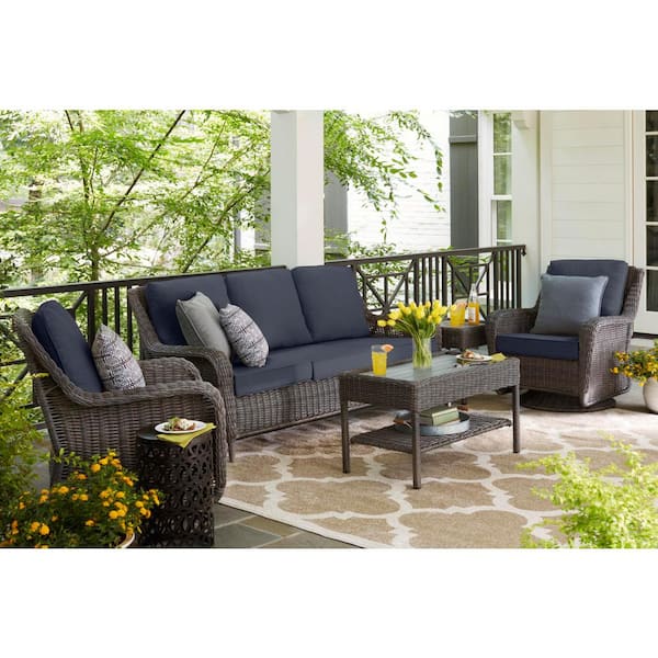Gray Wicker Outdoor Patio Sofa, Blue Cushions For Outdoor Furniture