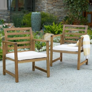 Cal Natural Stained 2-Piece Acacia Wood Club Chair Outdoor Patio Deep Seating Set with Cream Cushions