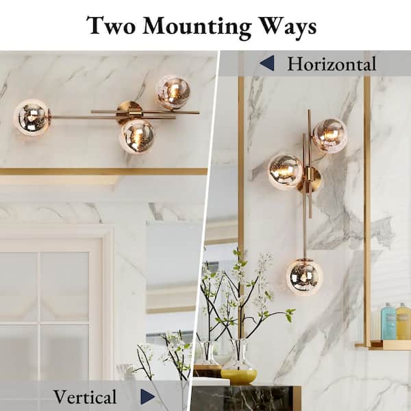 30 in. 3-Light Plated Brass Mercury Glass Orb Vanity Light, Modern Bathroom Horizontal/Vertical Mount Sconce Wallchiere