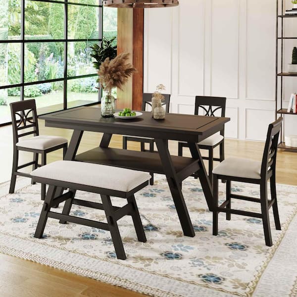 Polibi 6-Piece Rustic Espresso Wood Top Dining Room Set with Bench and 4 Chairs Seats 5
