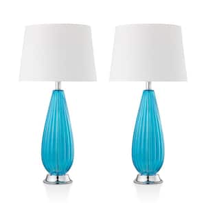 Iris 28 in. Blue Ribbed Glass and Chrome Base Indoor Table Lamp Set with Fabric Shade (Set of 2)