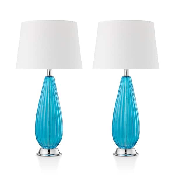 CARRO Iris 28 in. Blue Ribbed Glass and Chrome Base Indoor Table Lamp Set with Fabric Shade (Set of 2)