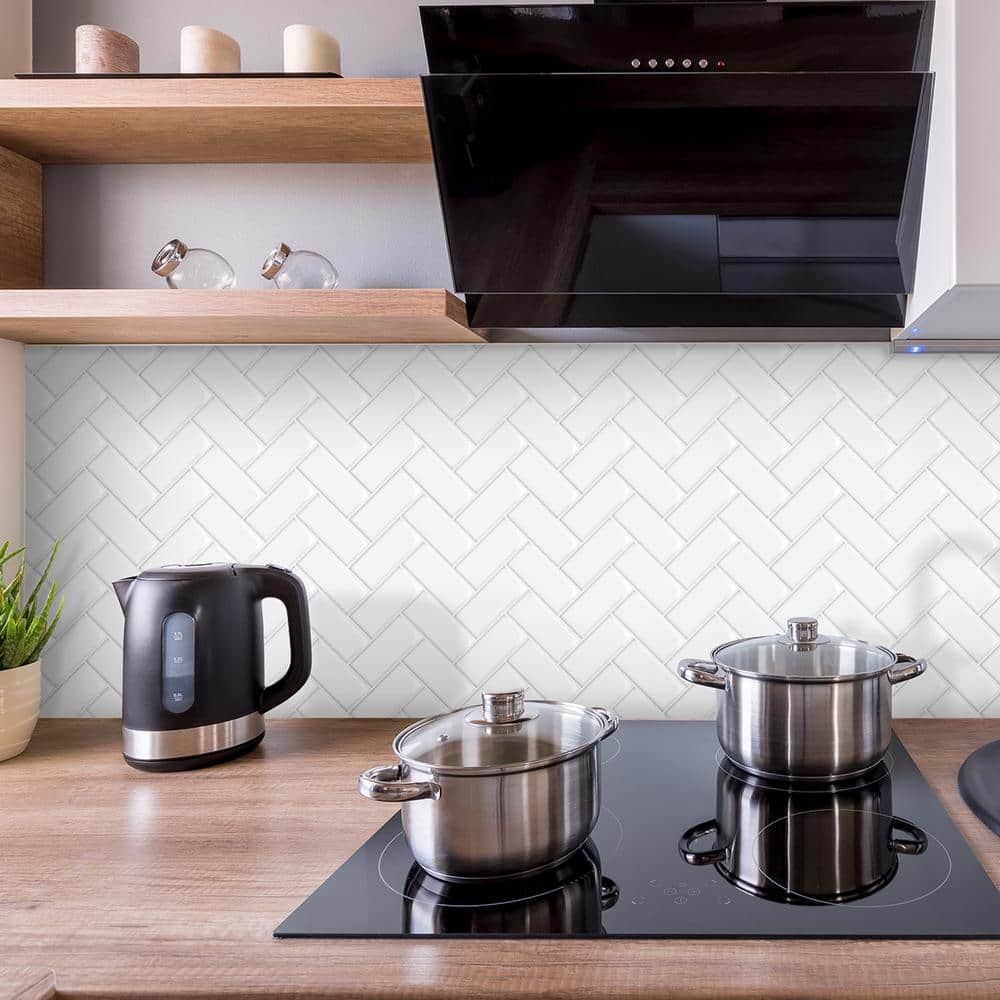 White 12" x 12" PVC Peel and Stick Herringbone Tile