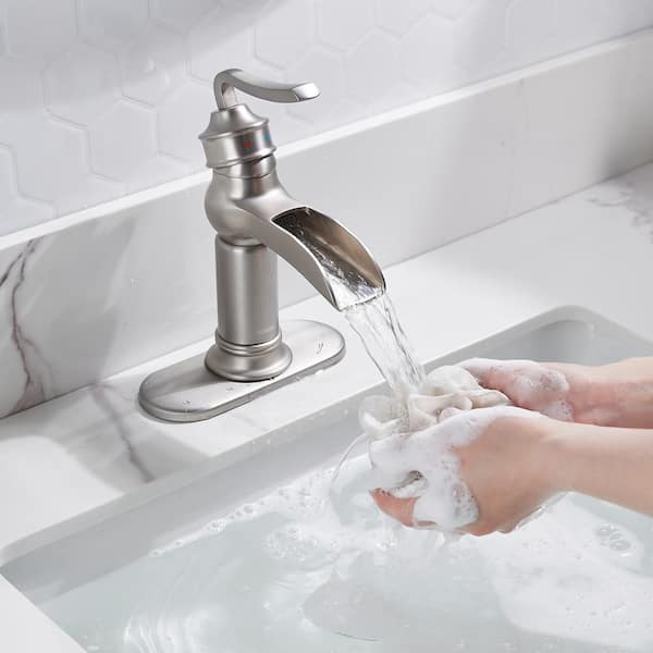 Single-Handle Single Hole Bathroom Faucet with Deck Plate Included in Brushed Nickel