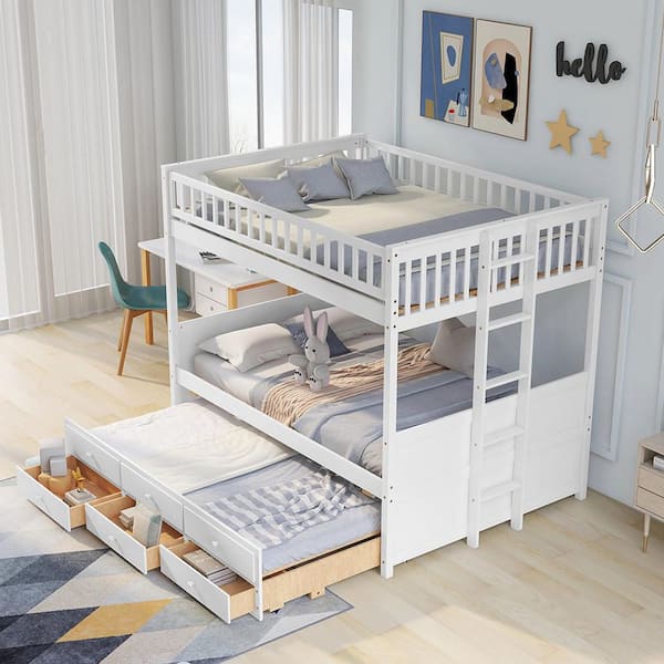 URTR White Full Over Full Bunk Bed with Trundle, Wooden Bunk Bed Frame with 3 Drawers for Kids, Teens, Adults