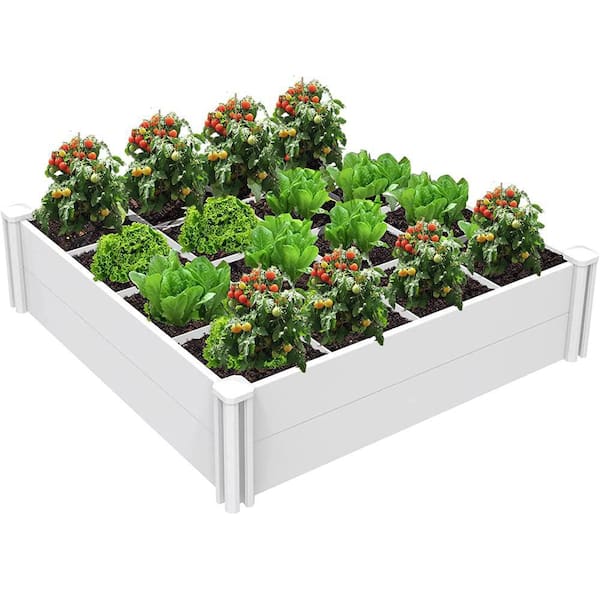 4 ft. x 4 ft. Vinyl Outdoor Above Ground Planter Box with Grid for Growing Vegetables and Flowers, White