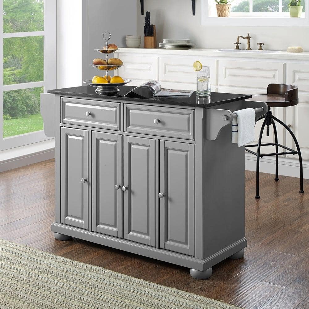 Alexandria Gray Solid Hardwood Kitchen Island with Black Granite Top