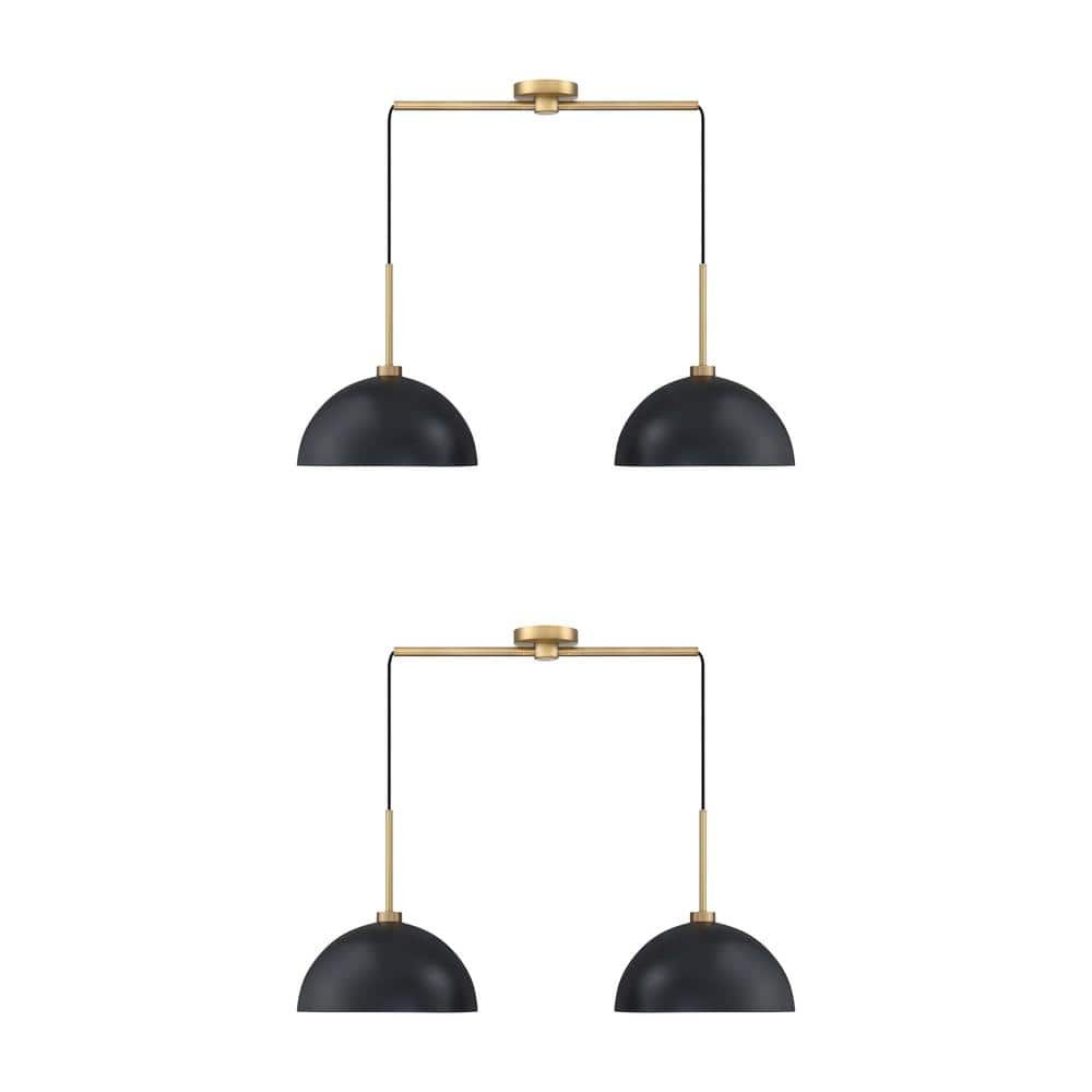 Matte Black and Brass Dual Drum Pendant Light Set