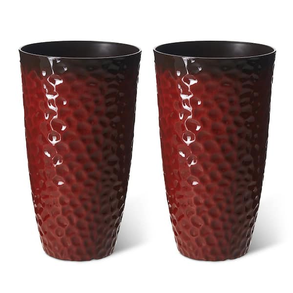 Glitzhome 23.75 in. H Oversized Eco-Friendly PP and Stone Honeycomb Textured Red Tall Plastic Planter(Set of 2)